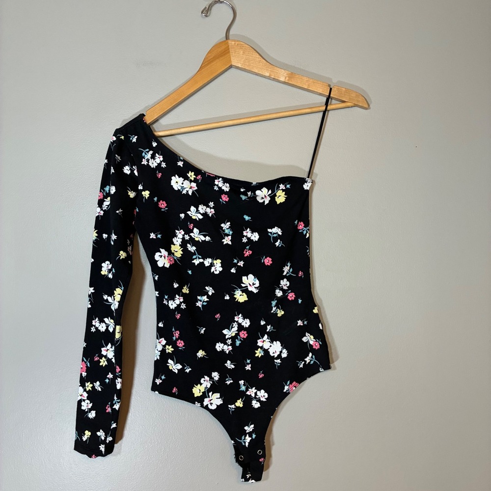 Garage Womens Floral One Shoulder Long Sleeve Bodysuit Black XS NWT 100034322